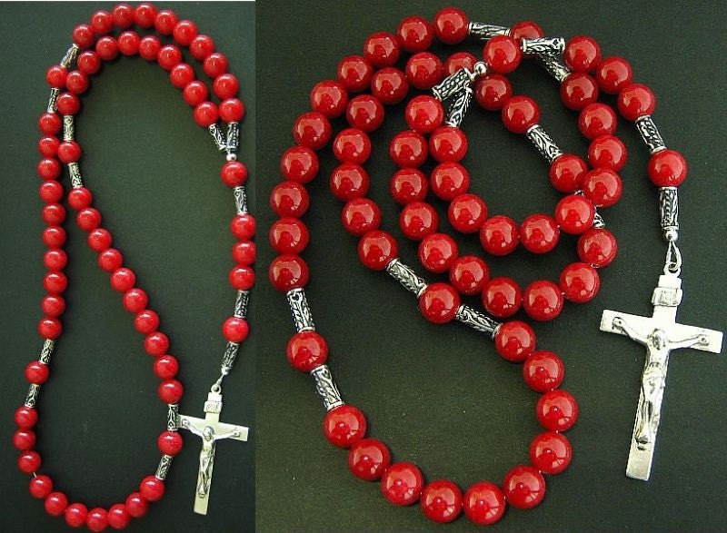 Catholic Rosary Prayer Beads Red Jade & Sterling