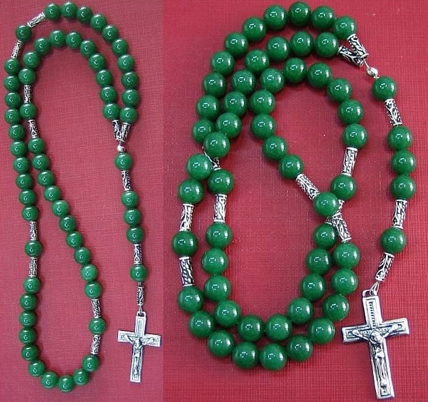 Catholic Rosary Prayer Beads Green Jade & Sterling
