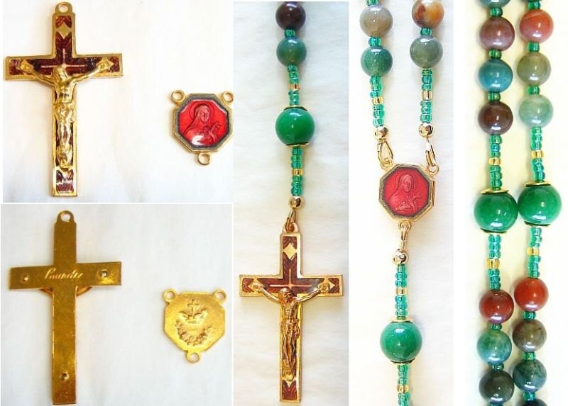 Catholic Rosary Bloodstone & Vermeil With Vintage Cross and Saint Therese Center