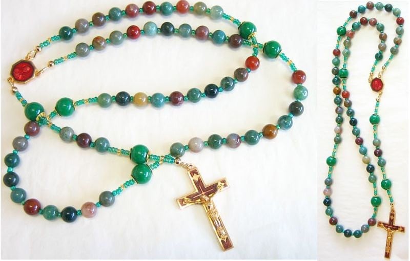 Catholic Rosary Bloodstone & Vermeil With Vintage Cross and Saint Therese Center