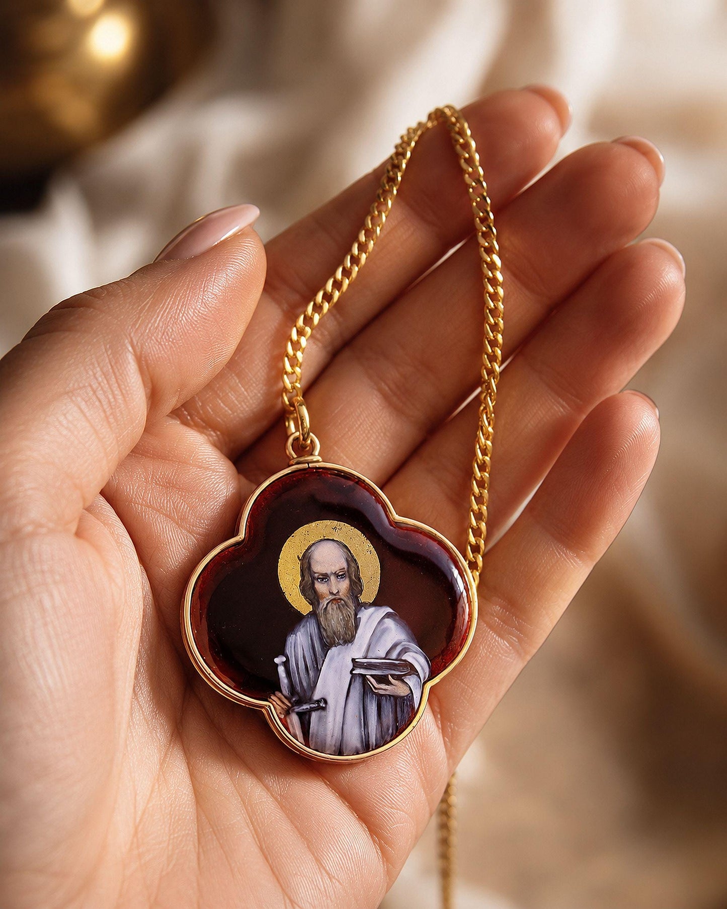 19th Cent. Very rare Saint Paul Medallion Hand Painted Limoges Enamel Antique Medalion 18 K. Gold Frame. Gift Chain