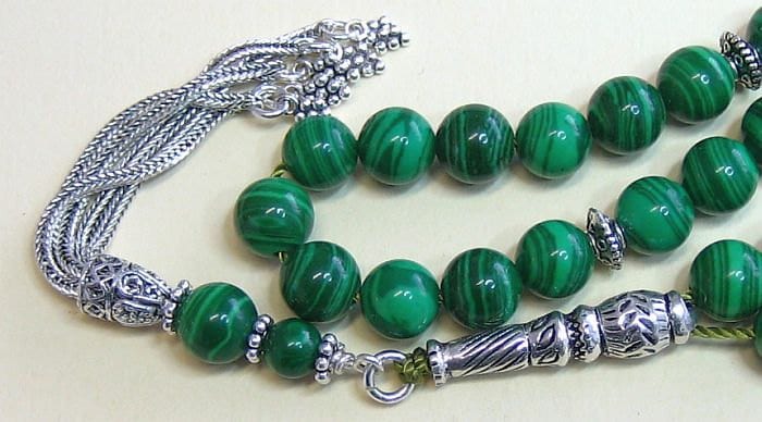 Luxury Prayer Beads Tesbih AA Grade Malachite & Sterling Silver -Top quality - Collector's