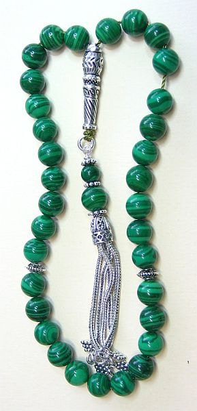 Luxury Prayer Beads Tesbih AA Grade Malachite & Sterling Silver -Top quality - Collector's