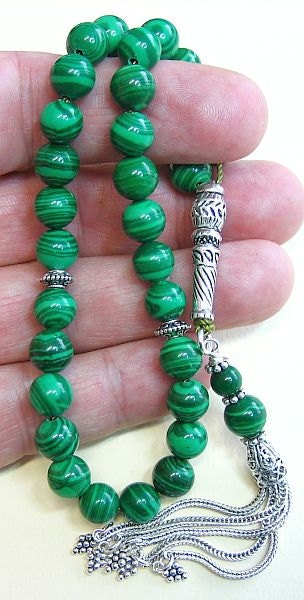 Luxury Prayer Beads Tesbih AA Grade Malachite & Sterling Silver -Top quality - Collector's