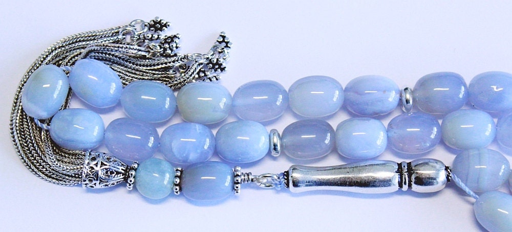 Luxury Prayer Beads Tesbih AA Grade Barrel Aquamarine & Sterling Silver -Top quality - Collector's item