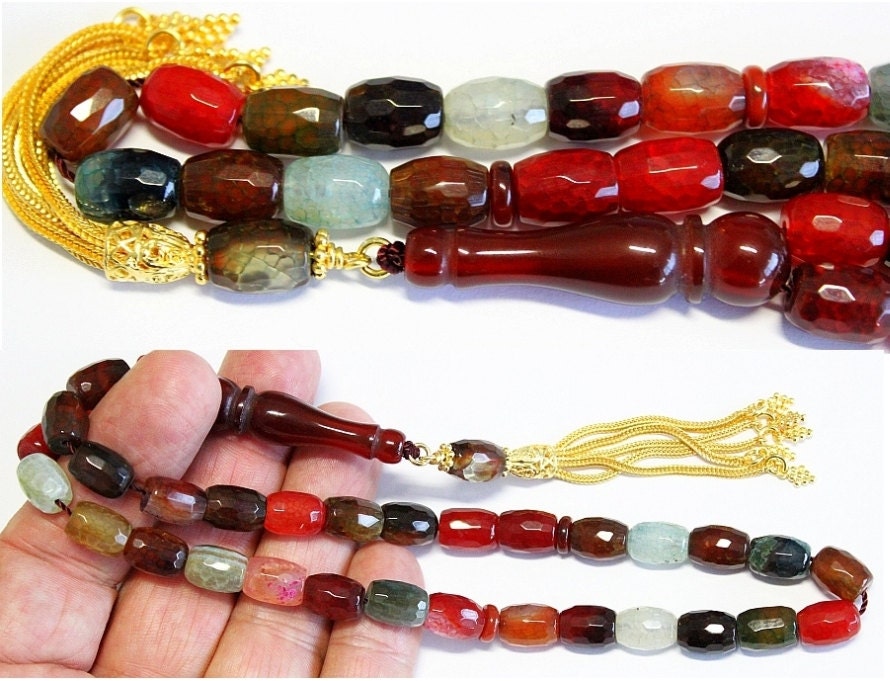 Luxury Prayer Beads Tesbih Faceted Multicolor Crackle Agate and Vermeil - Collector's item