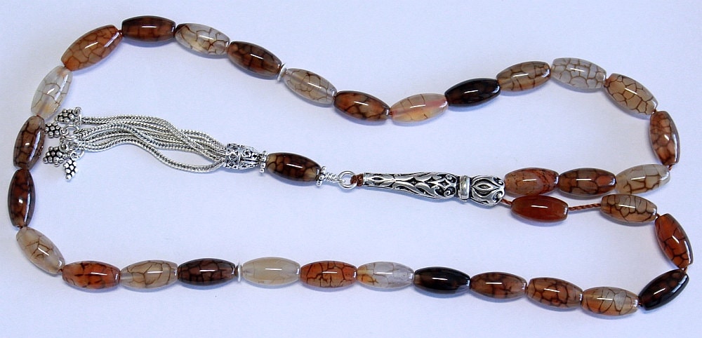 Prayer Beads Tesbih AA Dragon Vein Agate and Sterling Silver -Luxury Collector's item