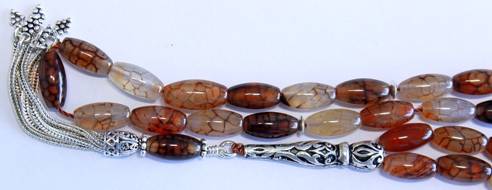 Prayer Beads Tesbih AA Dragon Vein Agate and Sterling Silver -Luxury Collector's item