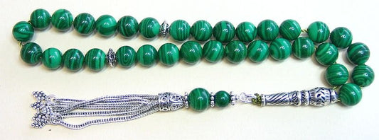 Luxury Prayer Beads Tesbih AA Grade Malachite & Sterling Silver -Top quality - Collector's