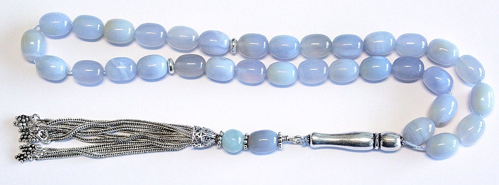 Luxury Prayer Beads Tesbih AA Grade Barrel Aquamarine & Sterling Silver -Top quality - Collector's item