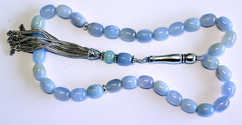 Luxury Prayer Beads Tesbih AA Grade Barrel Aquamarine & Sterling Silver -Top quality - Collector's item