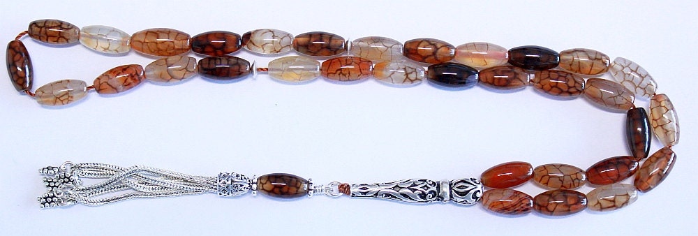 Prayer Beads Tesbih AA Dragon Vein Agate and Sterling Silver -Luxury Collector's item