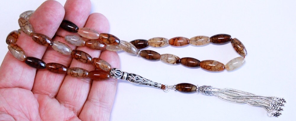 Prayer Beads Tesbih AA Dragon Vein Agate and Sterling Silver -Luxury Collector's item