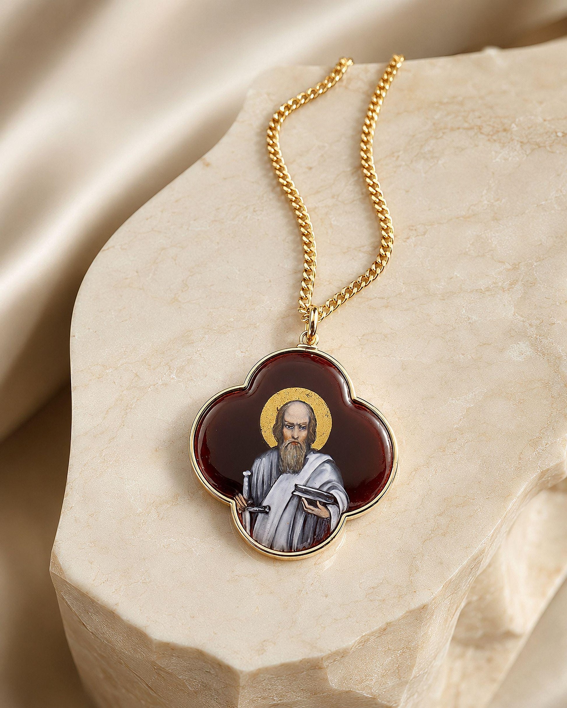 19th Cent. Very rare Saint Paul Medallion Hand Painted Limoges Enamel Antique Medalion 18 K. Gold Frame. Gift Chain