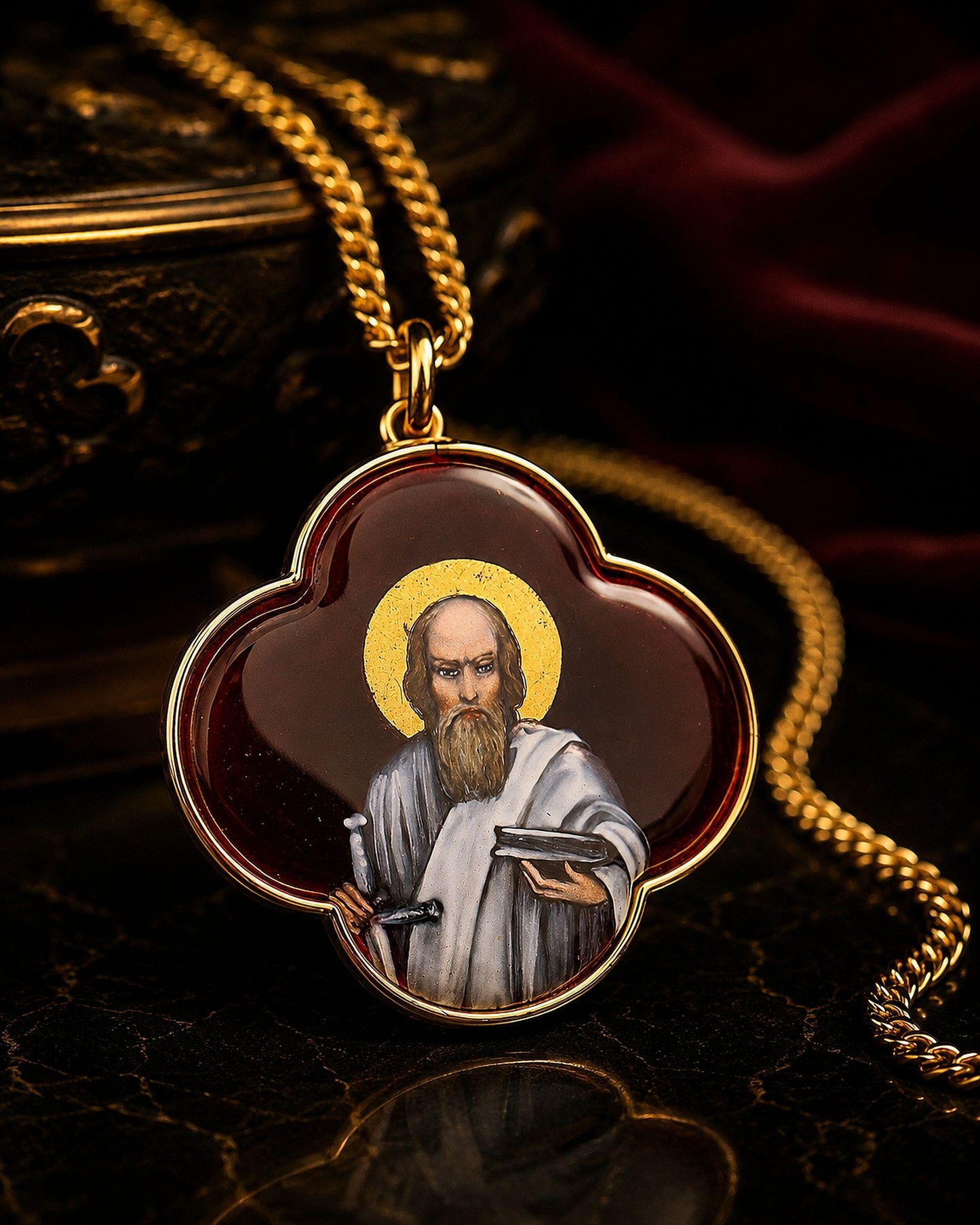 19th Cent. Very rare Saint Paul Medallion Hand Painted Limoges Enamel Antique Medalion 18 K. Gold Frame. Gift Chain
