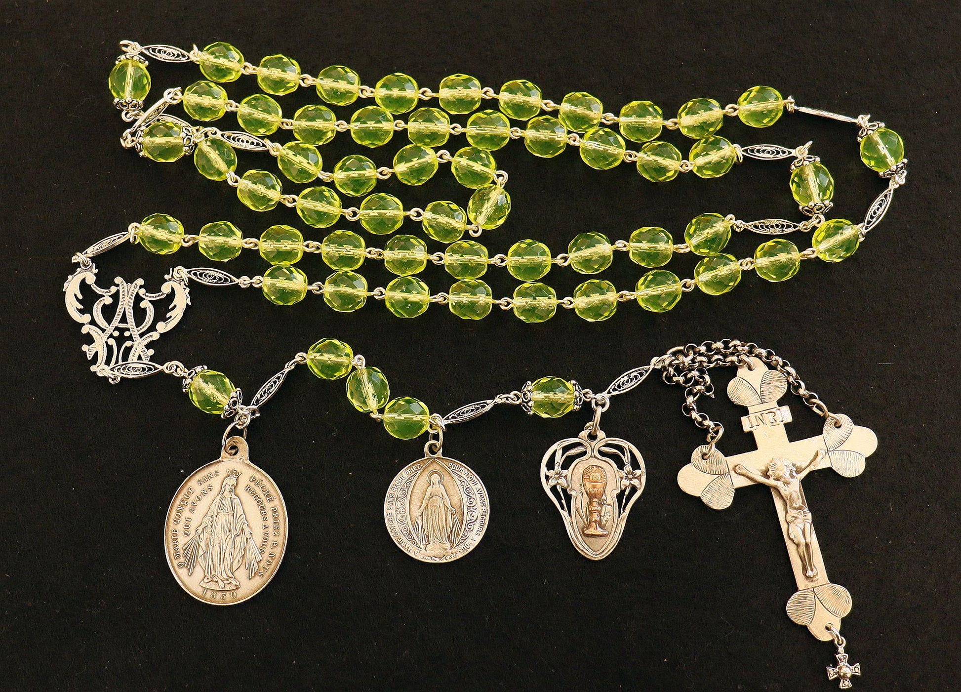 19TH Cent Catholic, Large, Uranium Glass & Sterling Silver , Rare Collectible, Unique and Antique