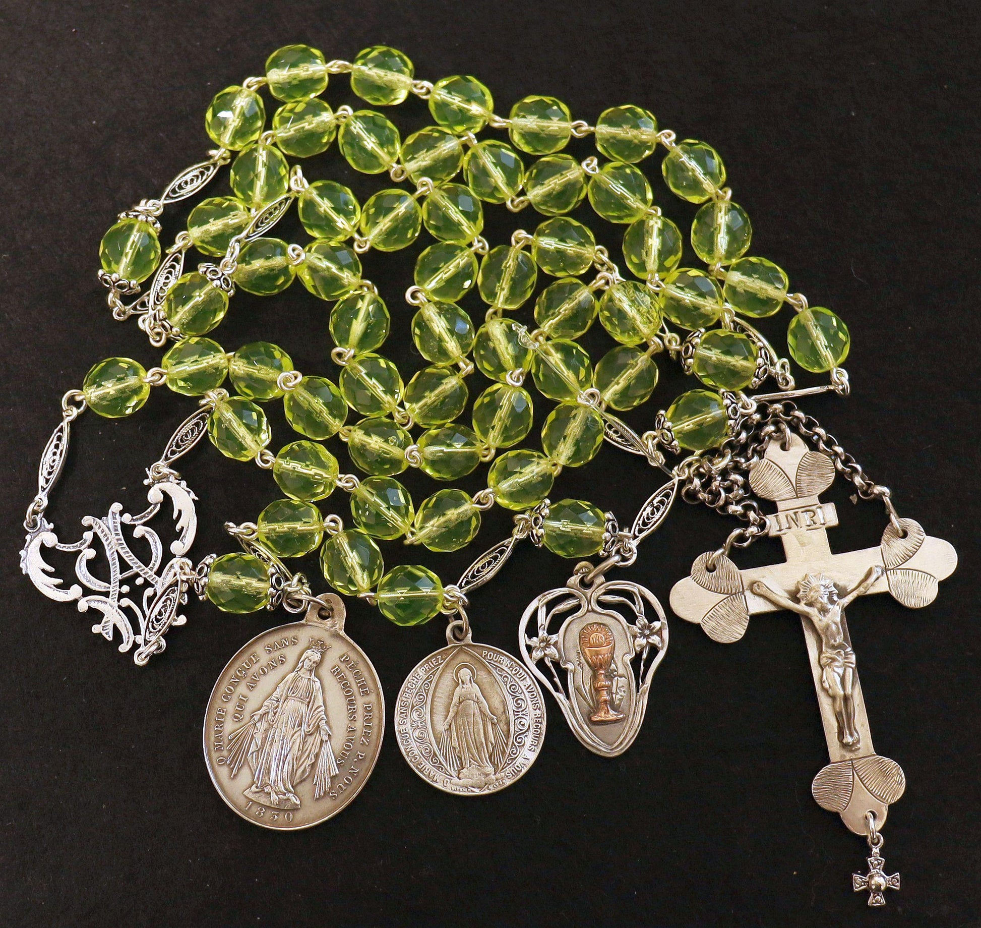 19TH Cent Catholic, Large, Uranium Glass & Sterling Silver , Rare Collectible, Unique and Antique