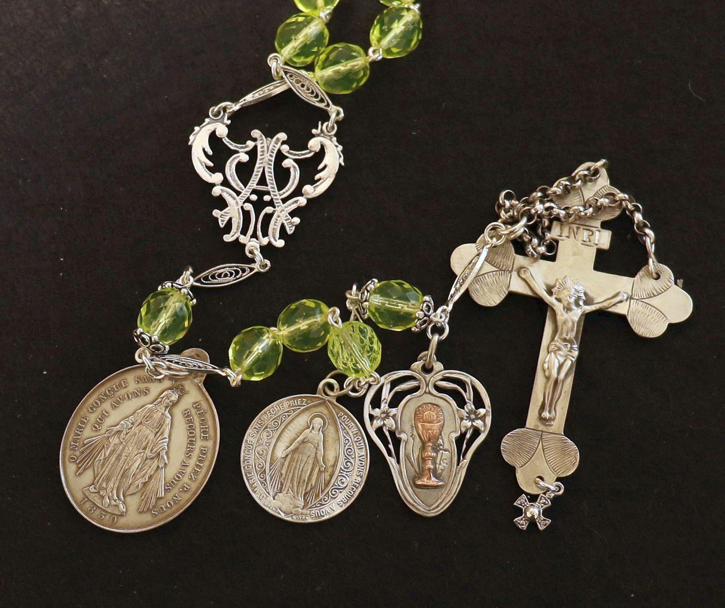 19TH Cent Catholic, Large, Uranium Glass & Sterling Silver , Rare Collectible, Unique and Antique