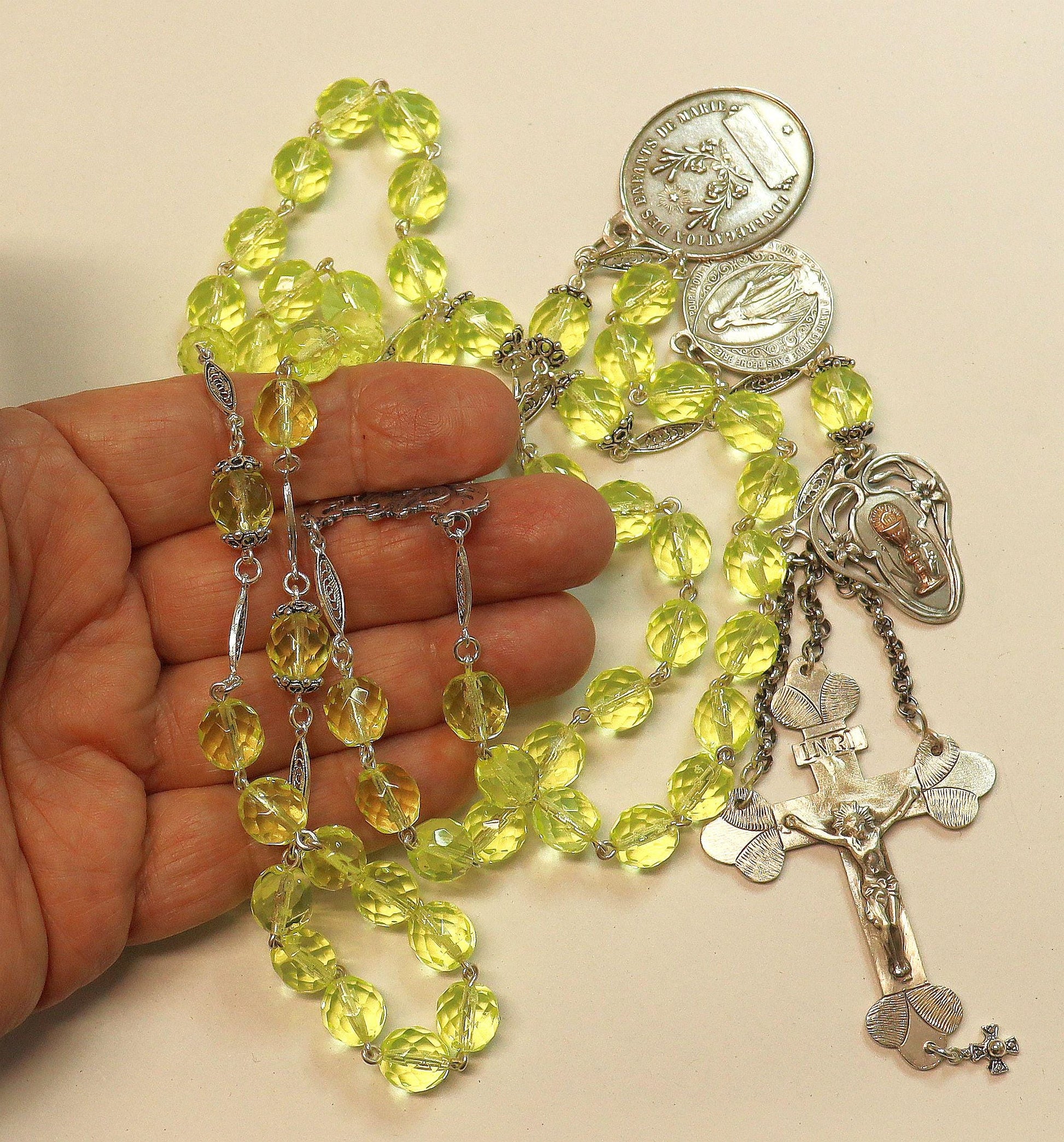 19TH Cent Catholic, Large, Uranium Glass & Sterling Silver , Rare Collectible, Unique and Antique