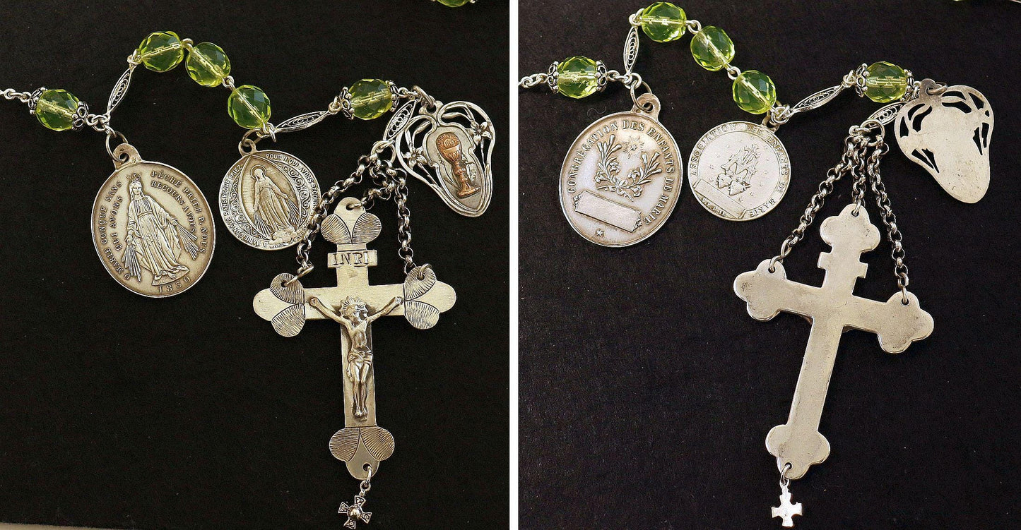 19TH Cent Catholic, Large, Uranium Glass & Sterling Silver , Rare Collectible, Unique and Antique