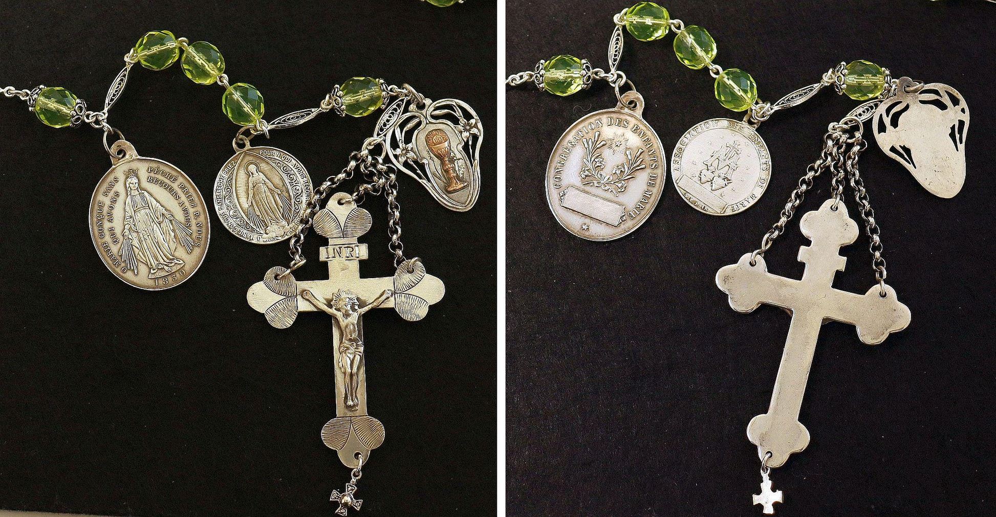 19TH Cent Catholic, Large, Uranium Glass & Sterling Silver , Rare Collectible, Unique and Antique