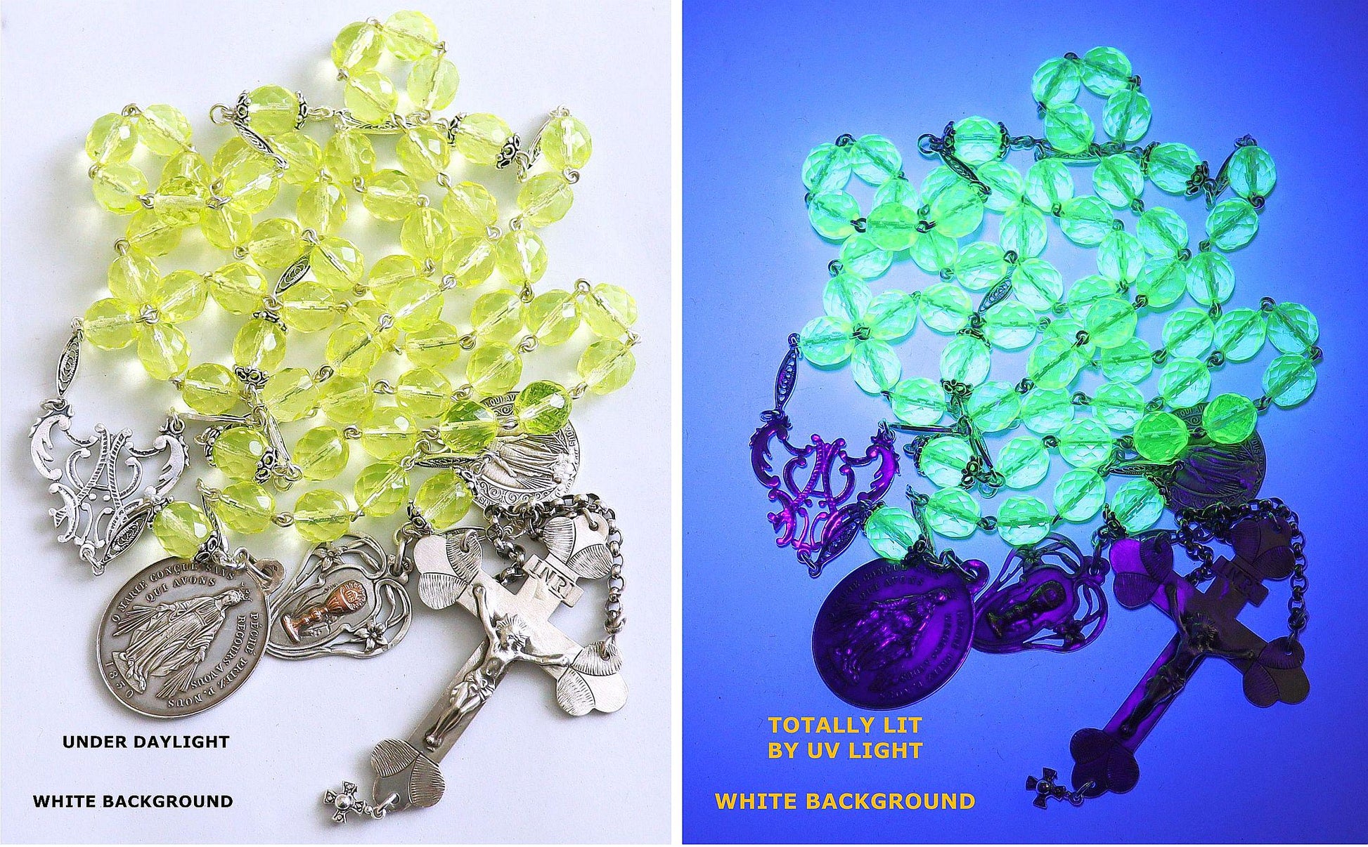 19TH Cent Catholic, Large, Uranium Glass & Sterling Silver , Rare Collectible, Unique and Antique