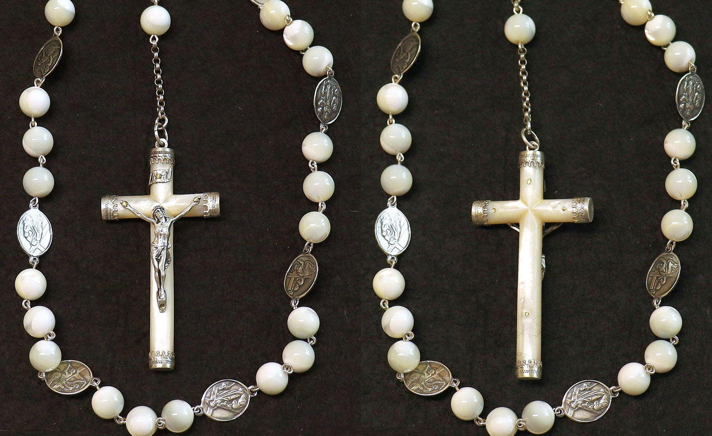 Stations of the Cross Rosary all Vintage Mother Of Pearl w 19th Cent Medals and Art Nouveau Crucifix ALL Sterling Silver Unique