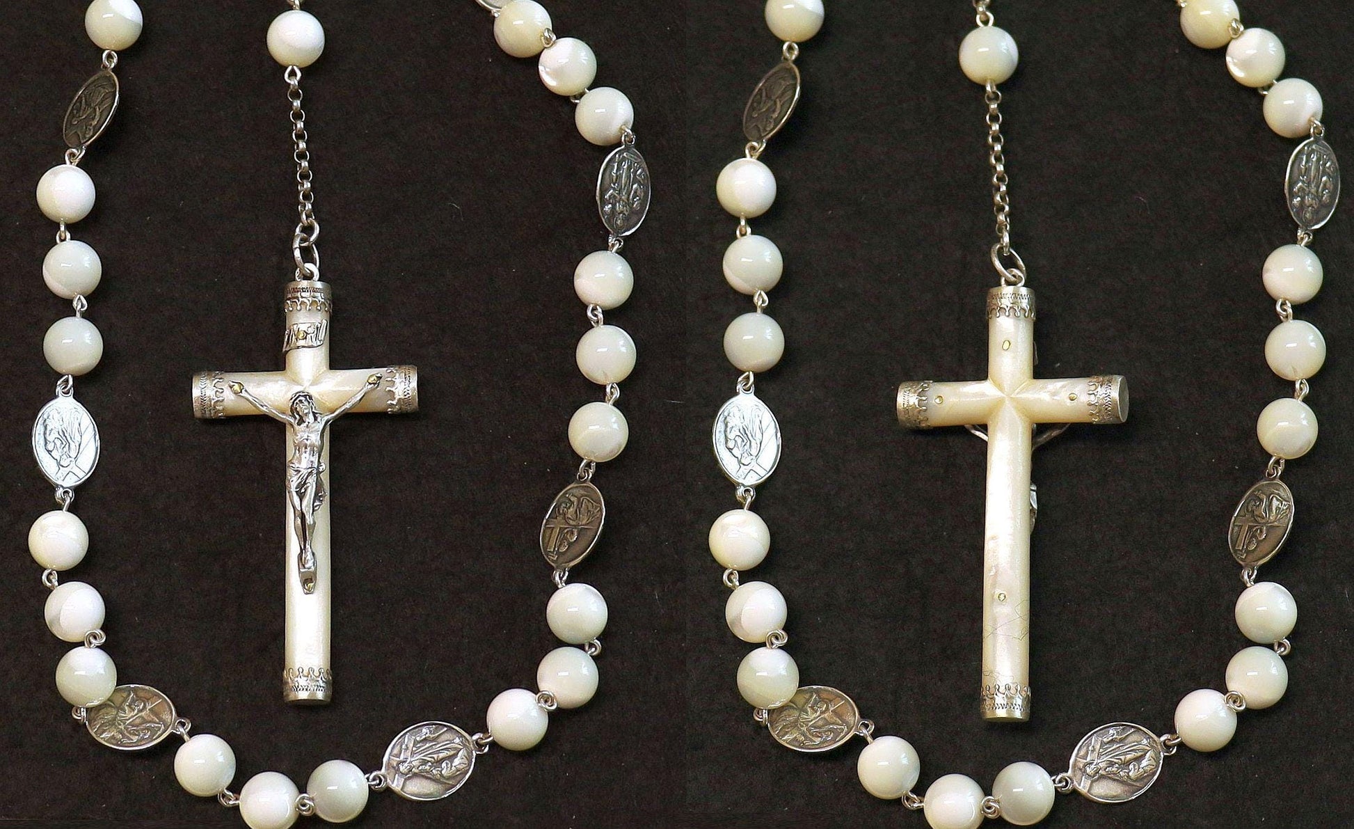 Stations of the Cross Rosary all Vintage Mother Of Pearl w 19th Cent Medals and Art Nouveau Crucifix ALL Sterling Silver Unique