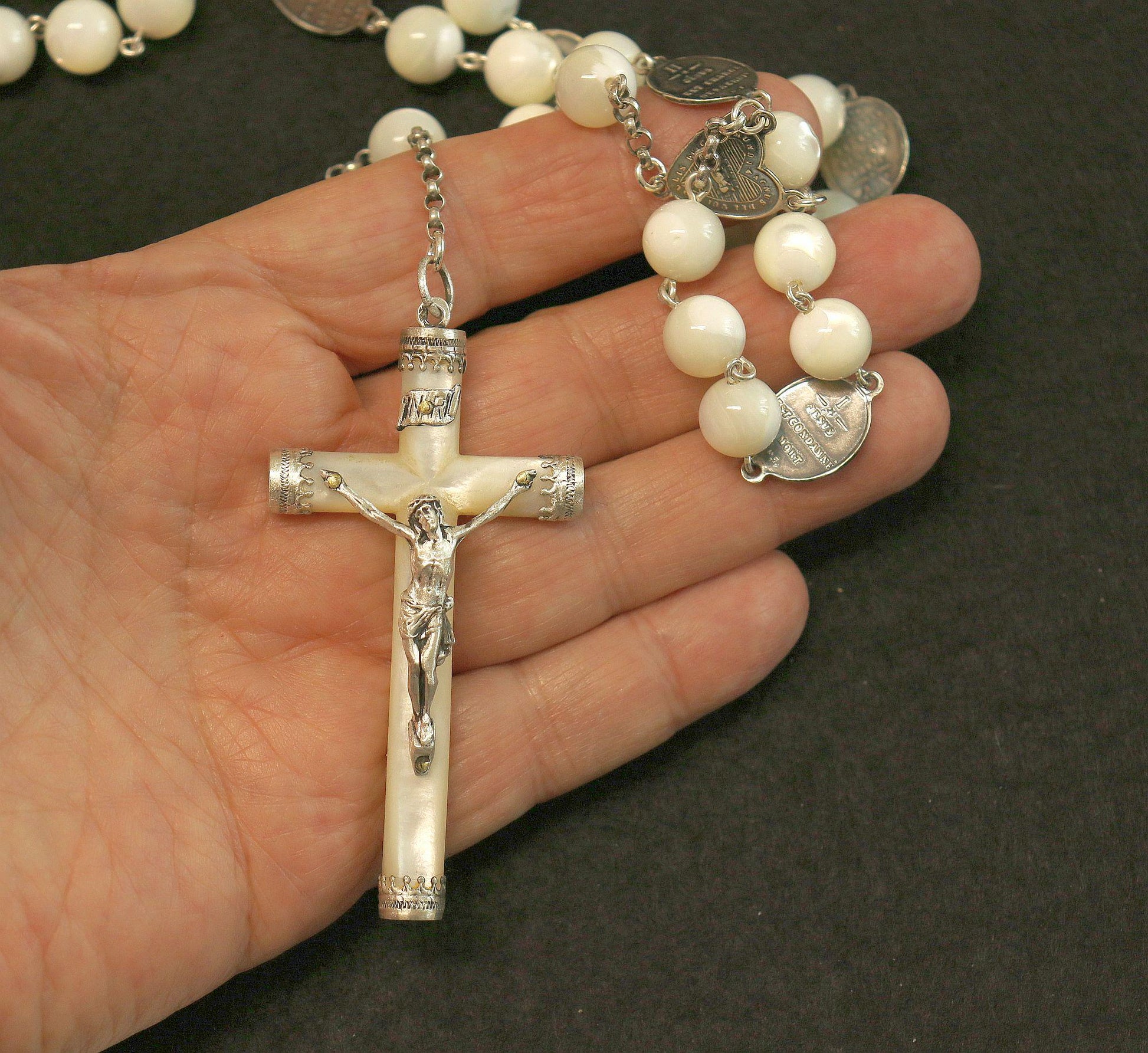 Stations of the Cross Rosary all Vintage Mother Of Pearl w 19th Cent Medals and Art Nouveau Crucifix ALL Sterling Silver Unique