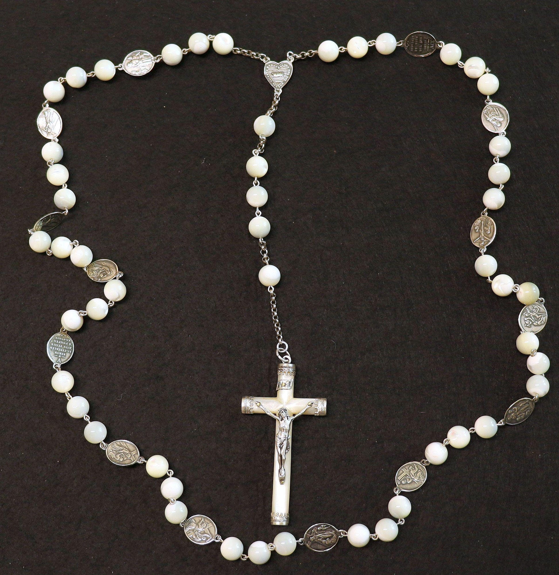 Stations of the Cross Rosary all Vintage Mother Of Pearl w 19th Cent Medals and Art Nouveau Crucifix ALL Sterling Silver Unique