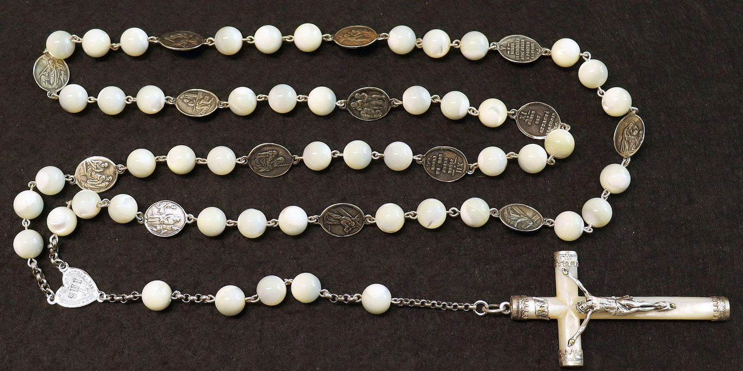 Stations of the Cross Rosary all Vintage Mother Of Pearl w 19th Cent Medals and Art Nouveau Crucifix ALL Sterling Silver Unique
