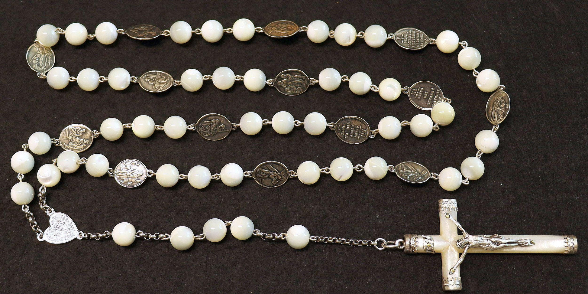Stations of the Cross Rosary all Vintage Mother Of Pearl w 19th Cent Medals and Art Nouveau Crucifix ALL Sterling Silver Unique