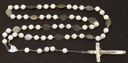 Stations of the Cross Rosary all Vintage Mother Of Pearl w 19th Cent Medals and Art Nouveau Crucifix ALL Sterling Silver Unique