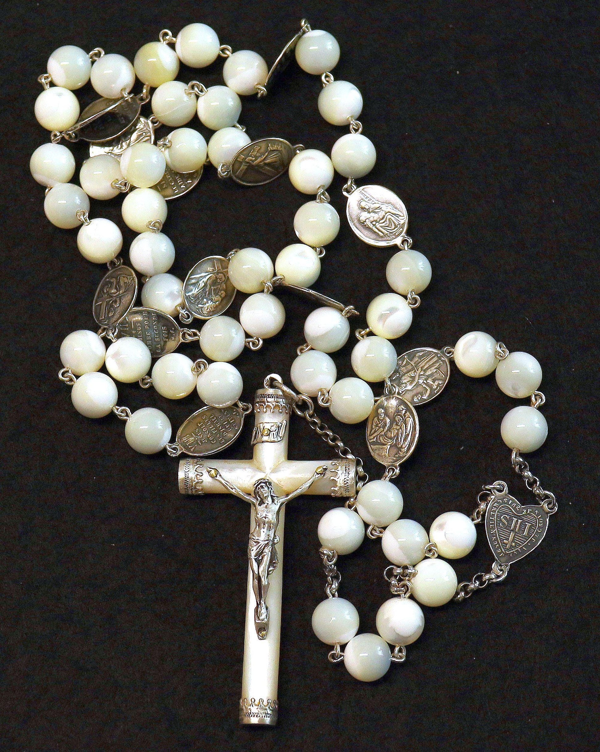 Stations of the Cross Rosary all Vintage Mother Of Pearl w 19th Cent Medals and Art Nouveau Crucifix ALL Sterling Silver Unique