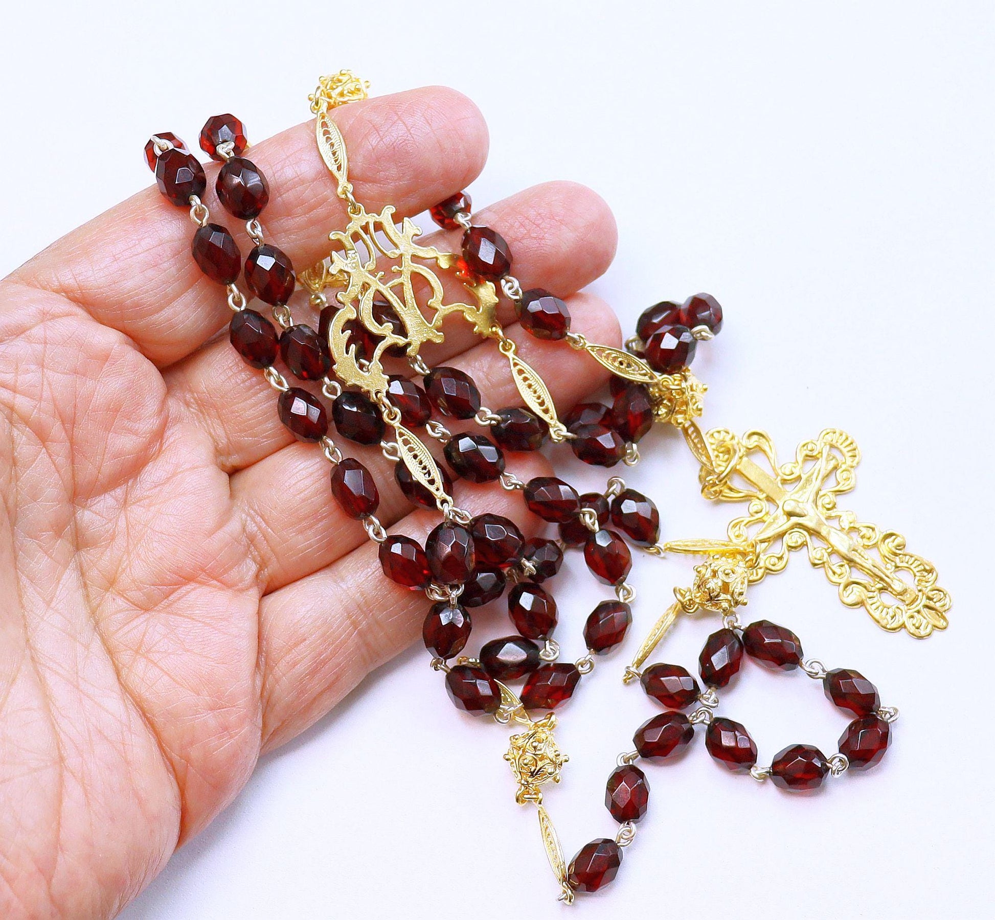 1930's Catholic Rosary Cherry Diamond Tested Bakelite and Gold Vermeil - Extreme rarity - Collector's