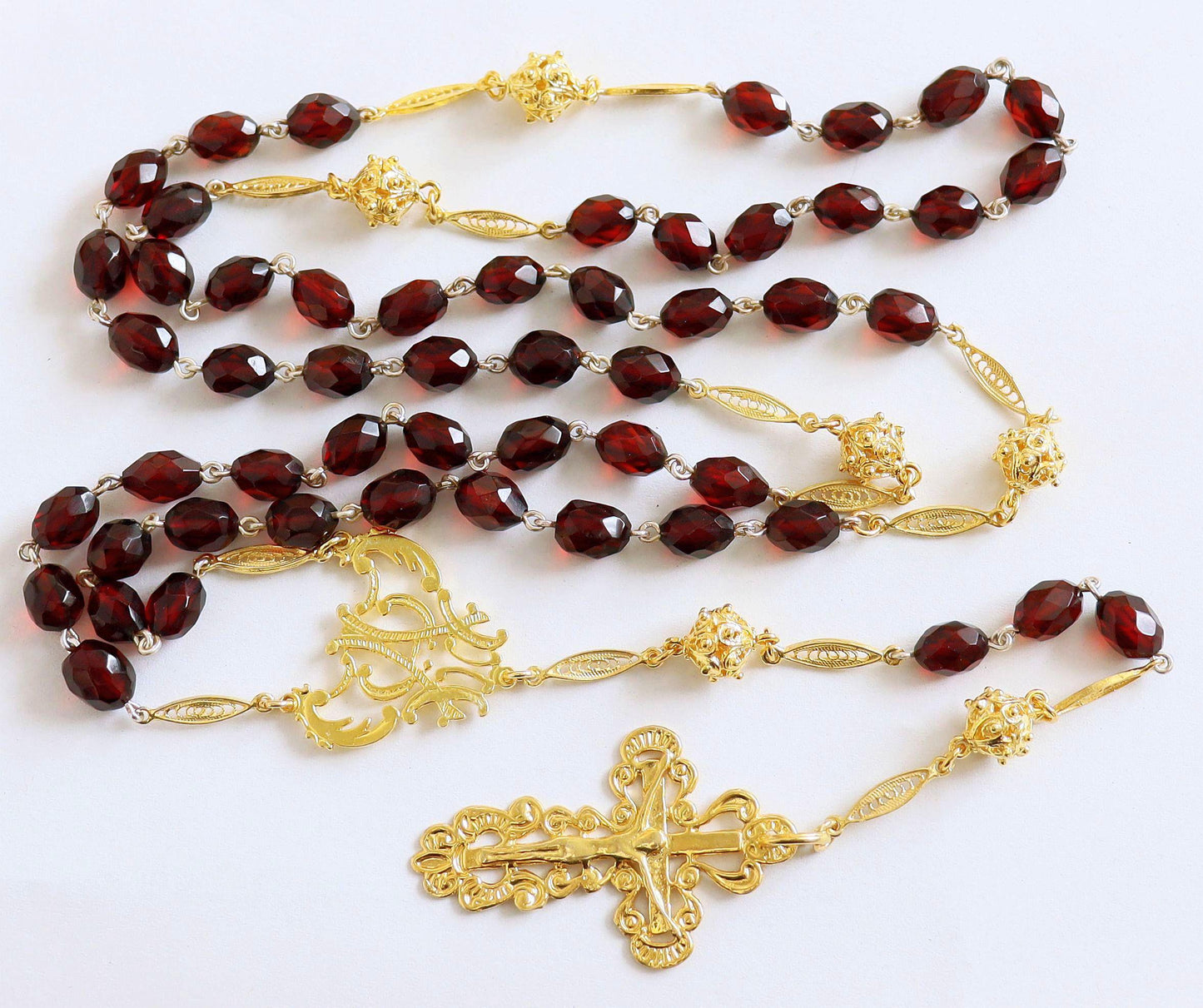 1930's Catholic Rosary Cherry Diamond Tested Bakelite and Gold Vermeil - Extreme rarity - Collector's