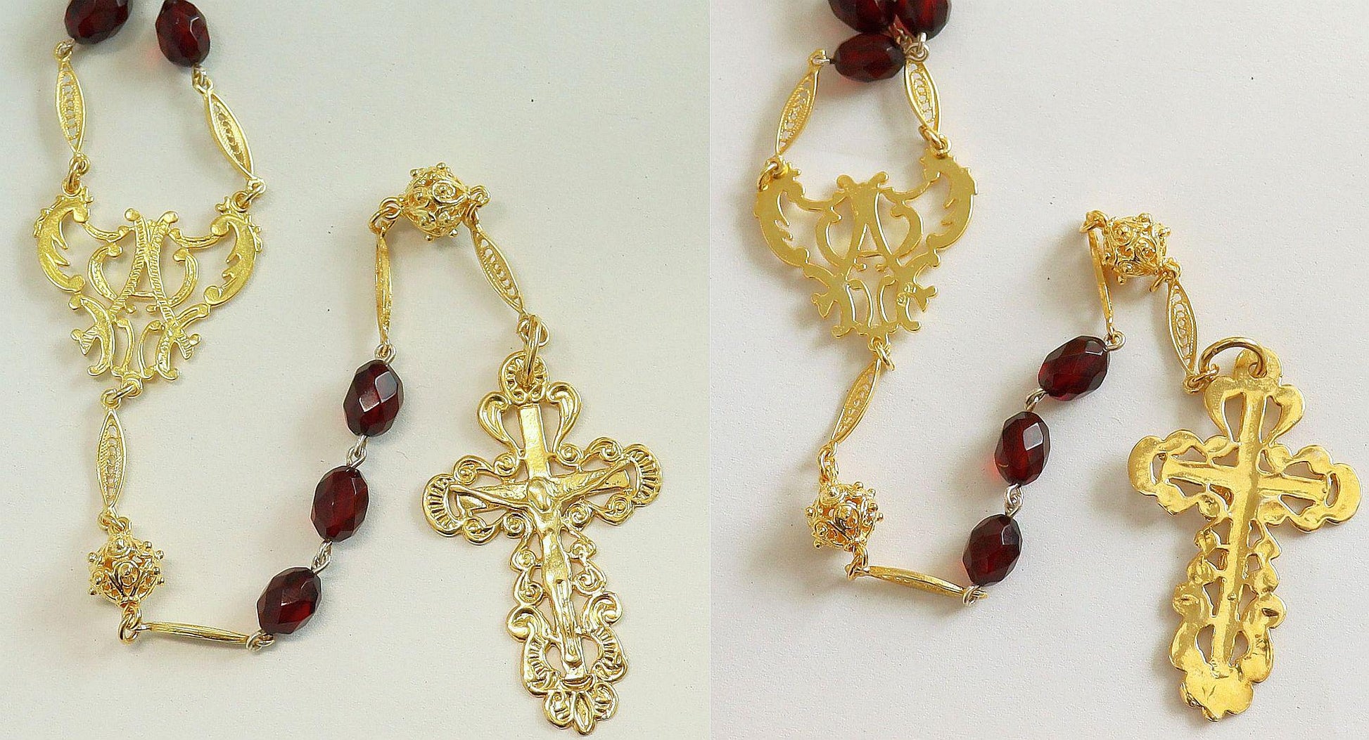 1930's Catholic Rosary Cherry Diamond Tested Bakelite and Gold Vermeil - Extreme rarity - Collector's