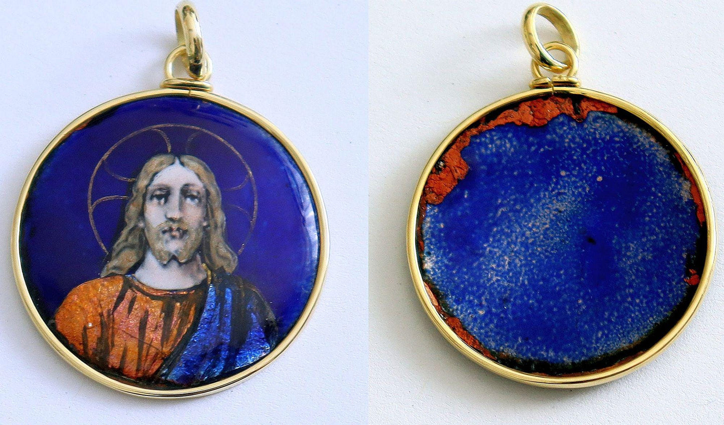 Antique French 19th Century Limoges Enamel Jesus Christ Pendant – Solid 18K Gold Frame, Hand Painted Religious Medallion