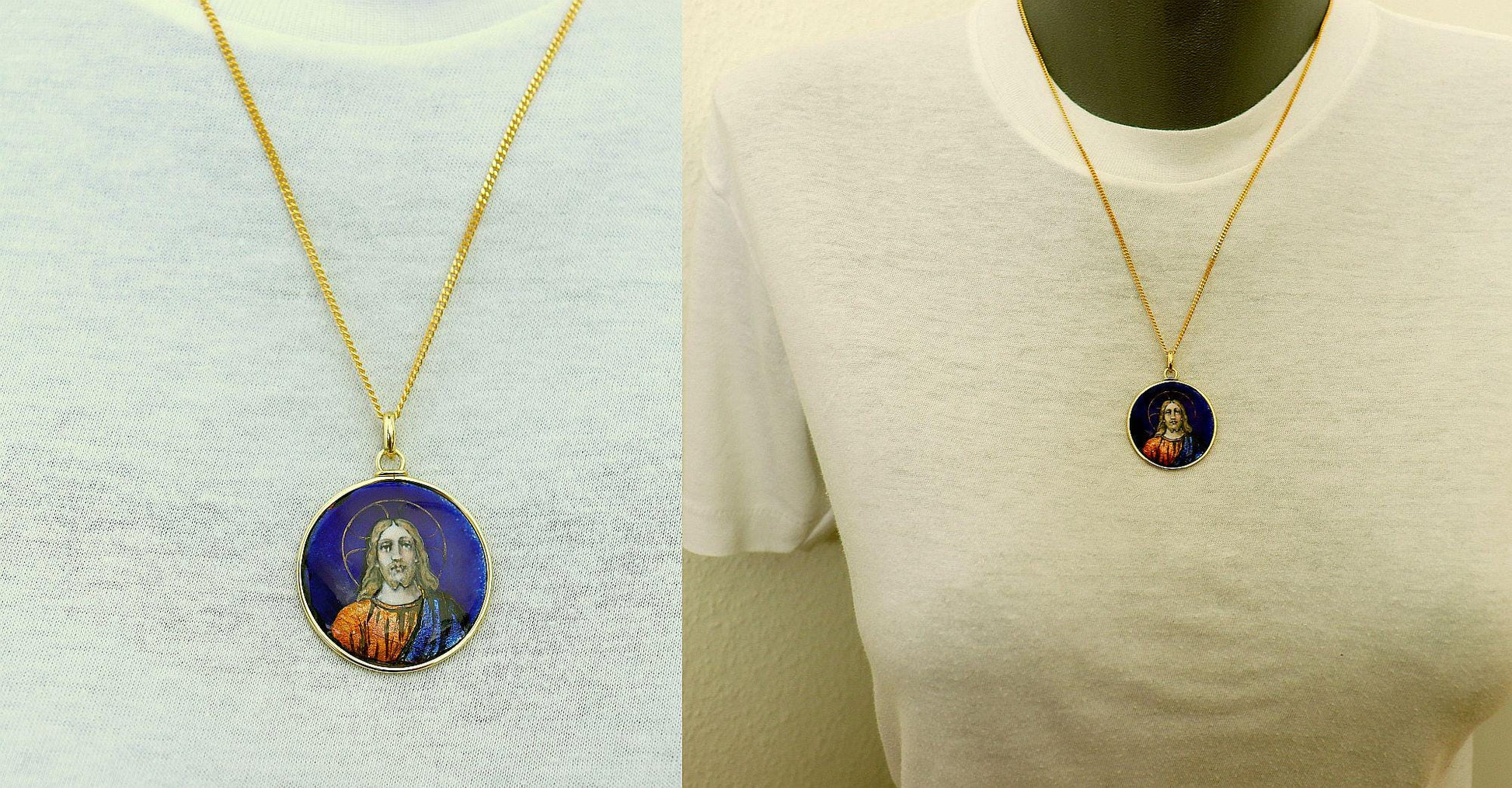 Antique French 19th Century Limoges Enamel Jesus Christ Pendant – Solid 18K Gold Frame, Hand Painted Religious Medallion
