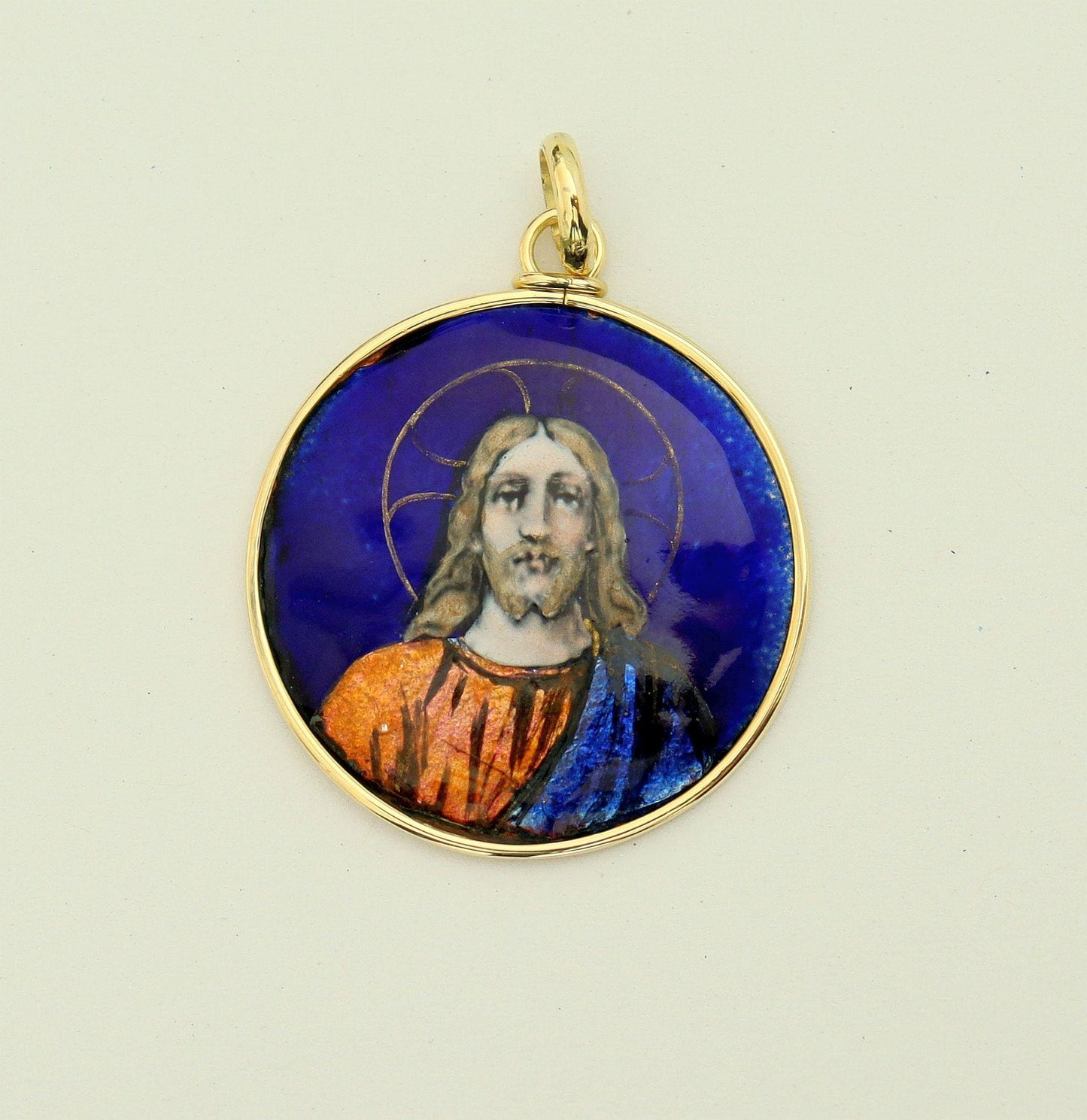 Antique French 19th Century Limoges Enamel Jesus Christ Pendant – Solid 18K Gold Frame, Hand Painted Religious Medallion