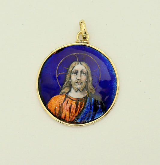 Antique French 19th Century Limoges Enamel Jesus Christ Pendant – Solid 18K Gold Frame, Hand Painted Religious Medallion