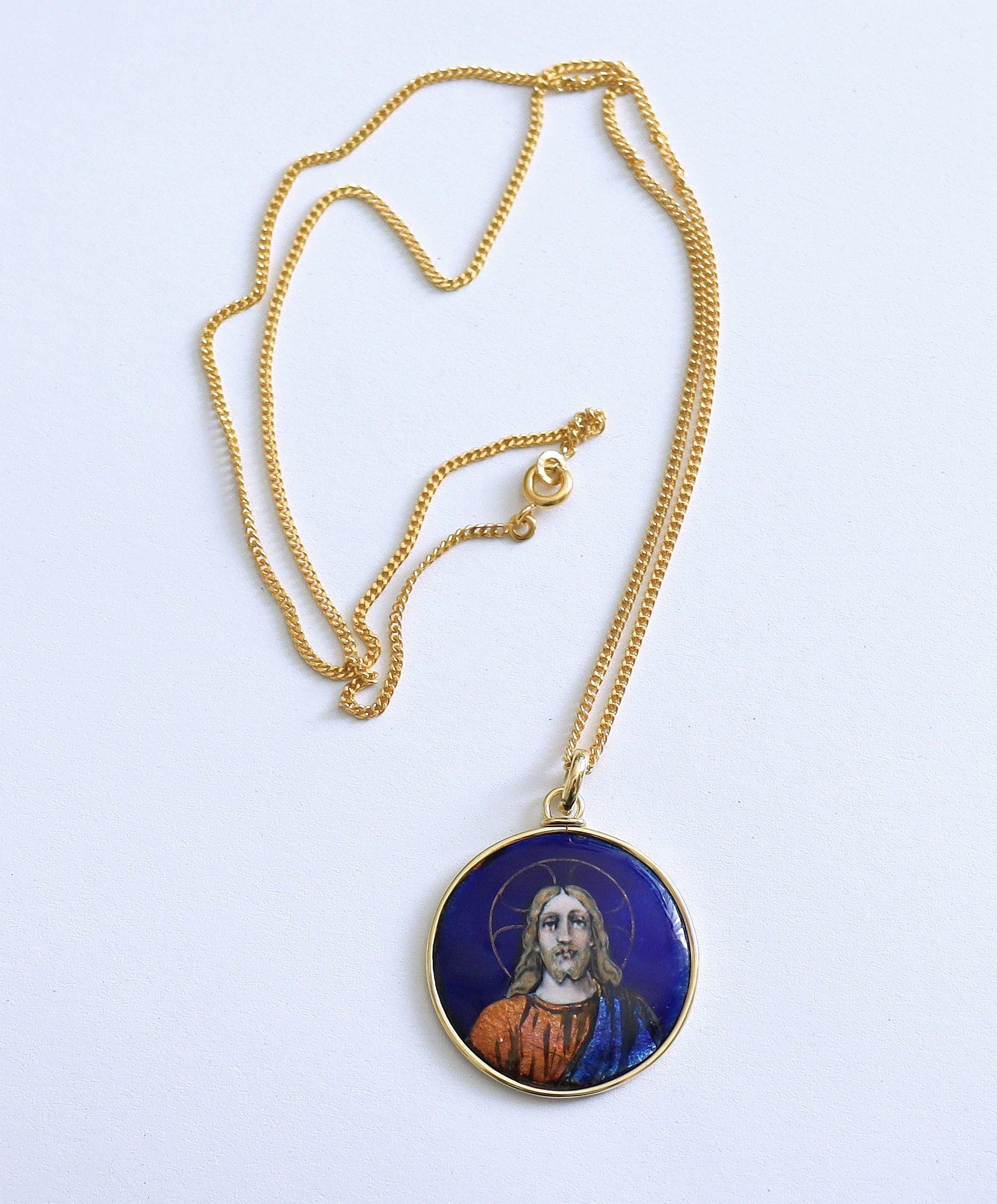 Antique French 19th Century Limoges Enamel Jesus Christ Pendant – Solid 18K Gold Frame, Hand Painted Religious Medallion