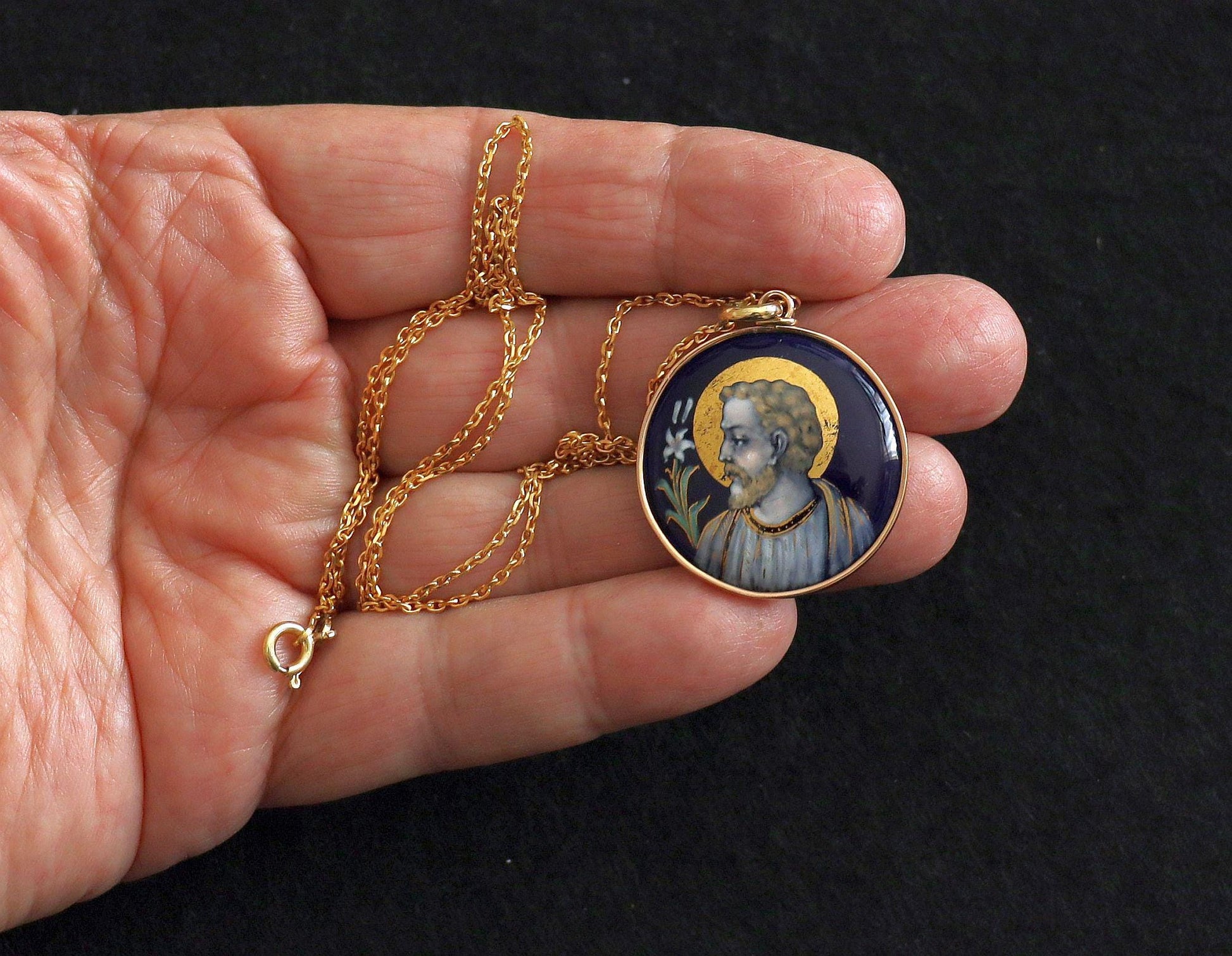 Antique French 19th Century Limoges Enamel Saint Joseph Pendant – Solid 18K Gold Frame, Hand Painted Religious Medallion