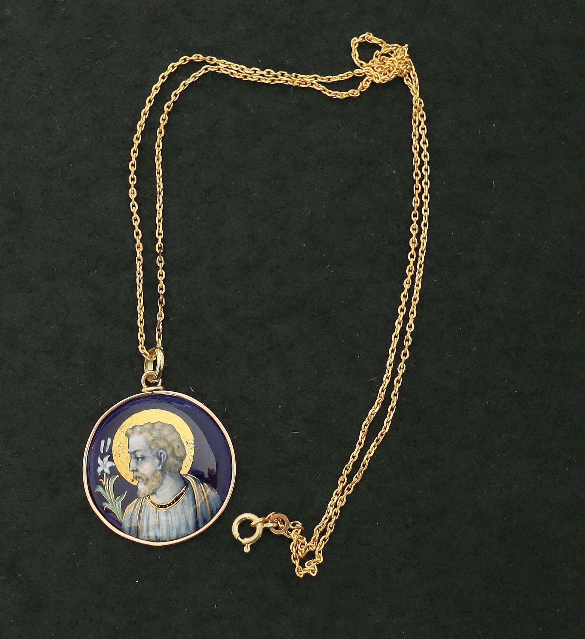 Antique French 19th Century Limoges Enamel Saint Joseph Pendant – Solid 18K Gold Frame, Hand Painted Religious Medallion