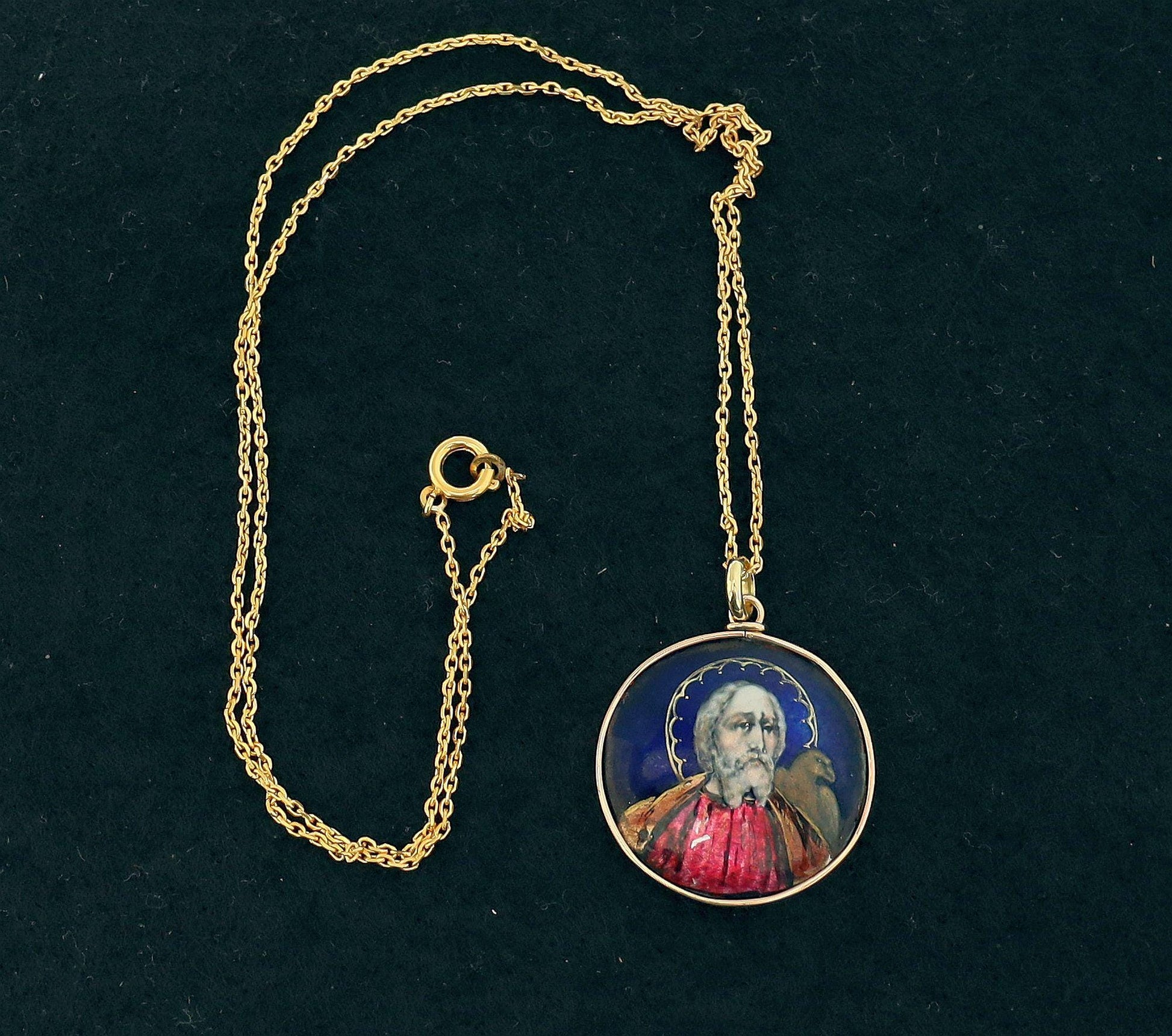Saint John the Evangelist Pendant Antique French 19th Century Limoges Enamel – Solid 18K Gold Frame, Hand Painted, One-of-a-Kind