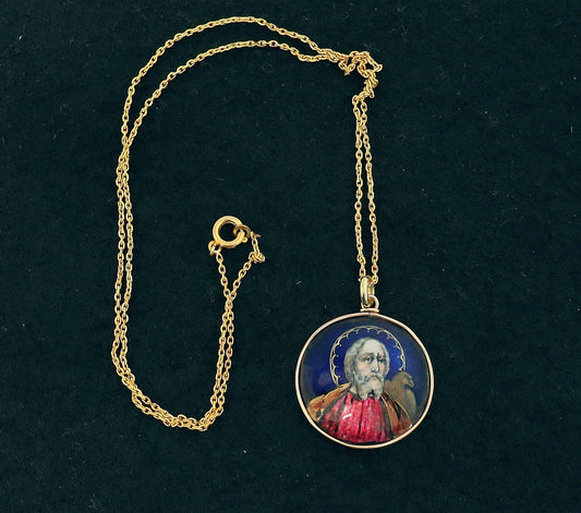 Saint John the Evangelist Pendant Antique French 19th Century Limoges Enamel – Solid 18K Gold Frame, Hand Painted, One-of-a-Kind