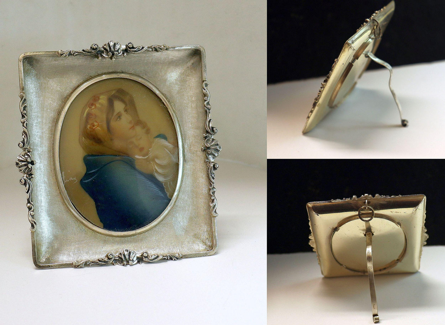 1930's Fine Miniature Hand Painting Virgin Mary in Sterling Silver Frame - Italy
