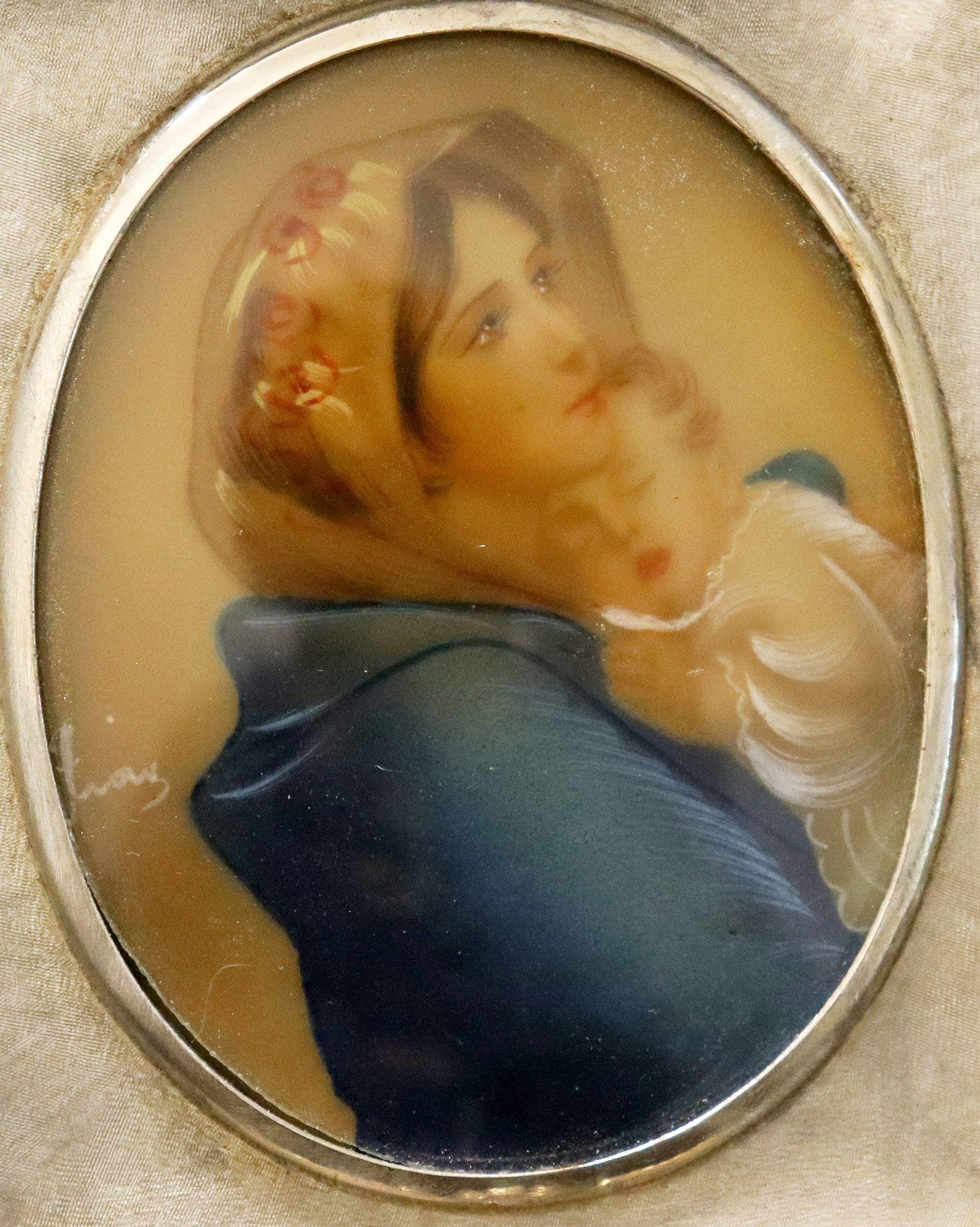1930's Fine Miniature Hand Painting Virgin Mary in Sterling Silver Frame - Italy