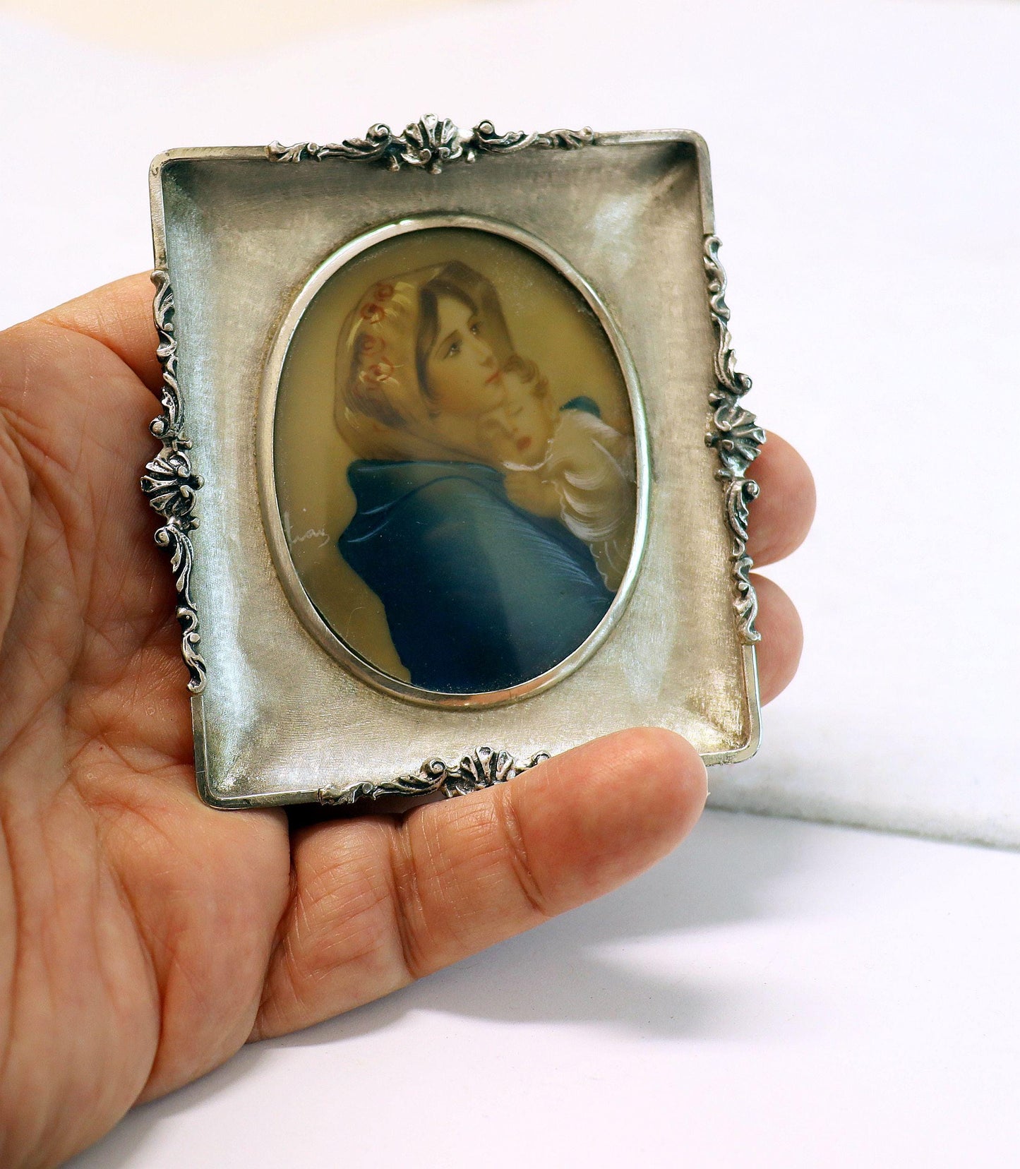 1930's Fine Miniature Hand Painting Virgin Mary in Sterling Silver Frame - Italy