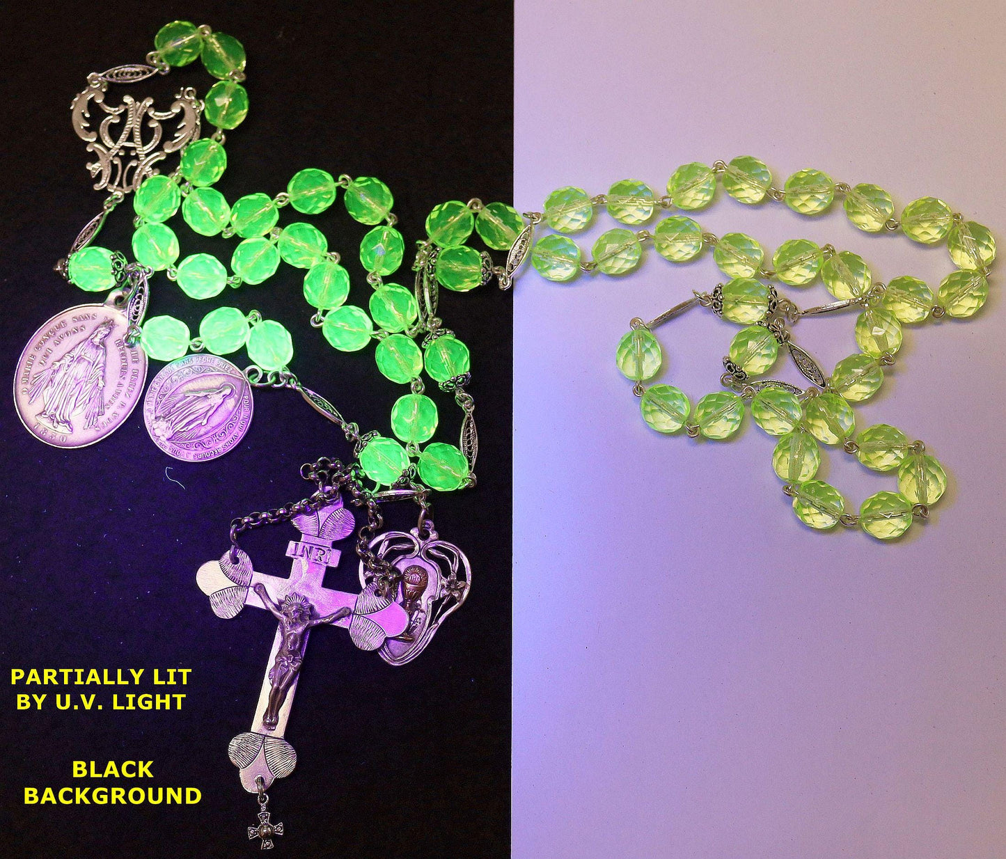 19TH Cent Catholic, Large, Uranium Glass & Sterling Silver , Rare Collectible, Unique and Antique